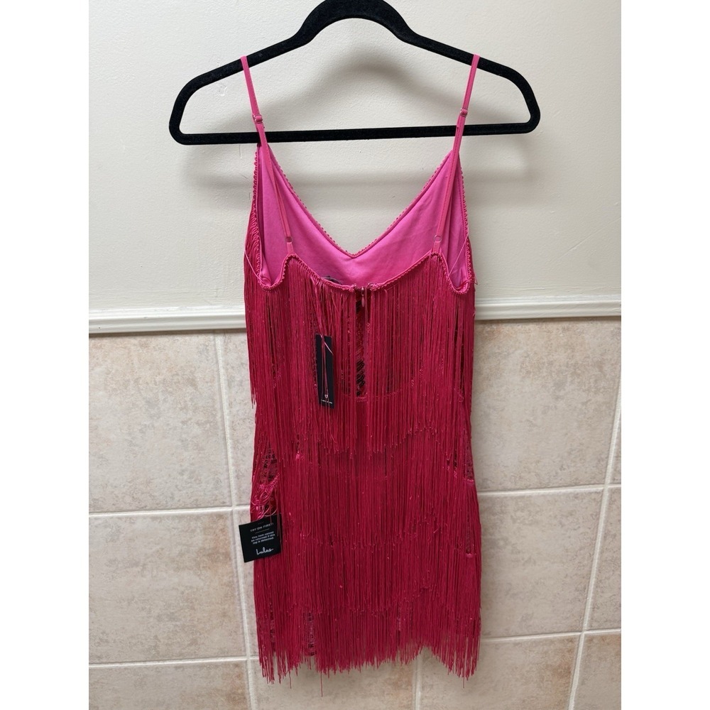 Lulus Hot Pink Sequin Fringe Dress Sz M NWT Bodycon Party Cocktail Mini - Picture 8 of 11